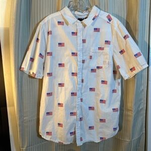 White Short-Sleeve Button-Up Shirt with Flag Print